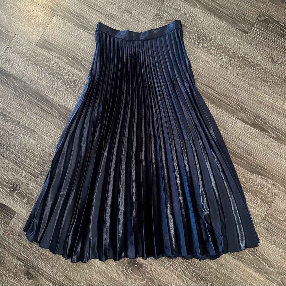 Sandro Navy Blue Pleated Satin Midi Skirt - Picture 9 of 11